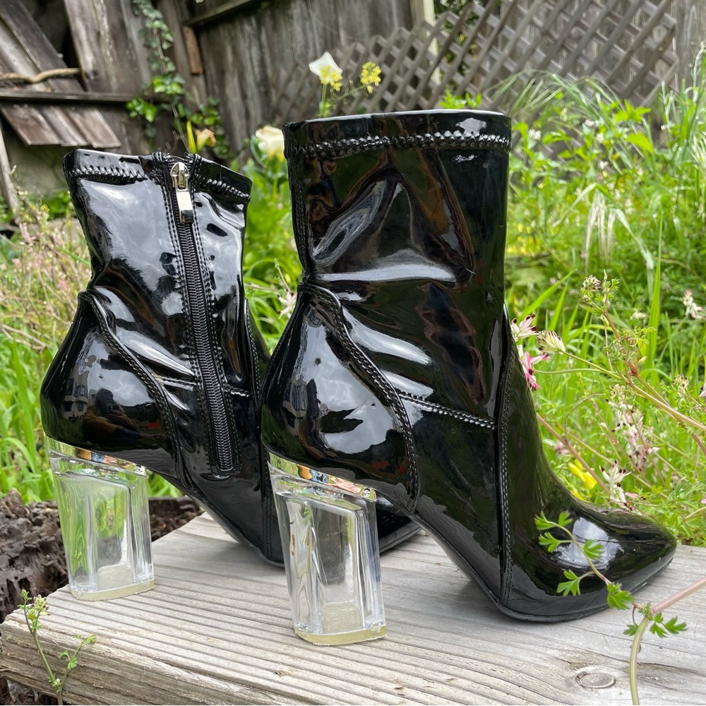 Black Vinyl Lucite Heel Boots - Picture 3 of 4